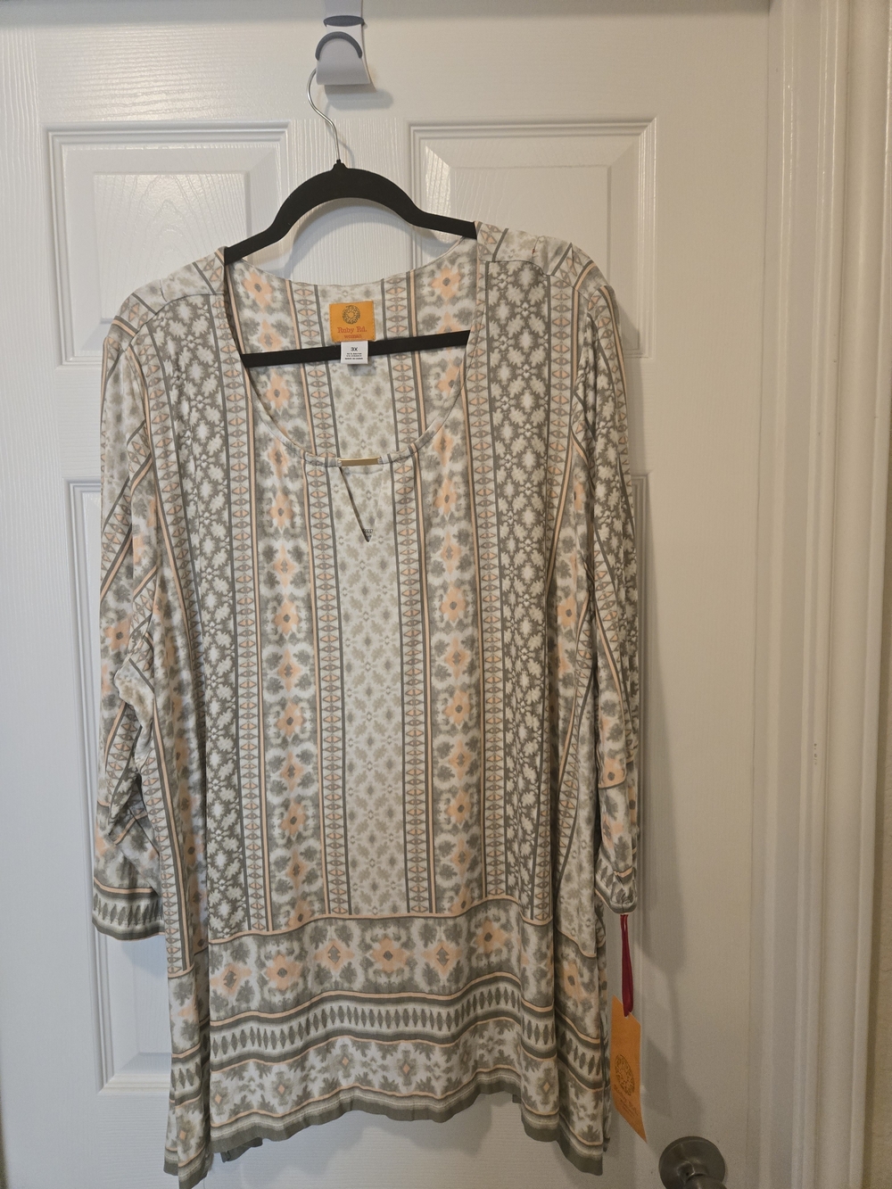 Ruby Rd. Cream, Olive & Peach Patterned Boho Blouse - Picture 8 of 9